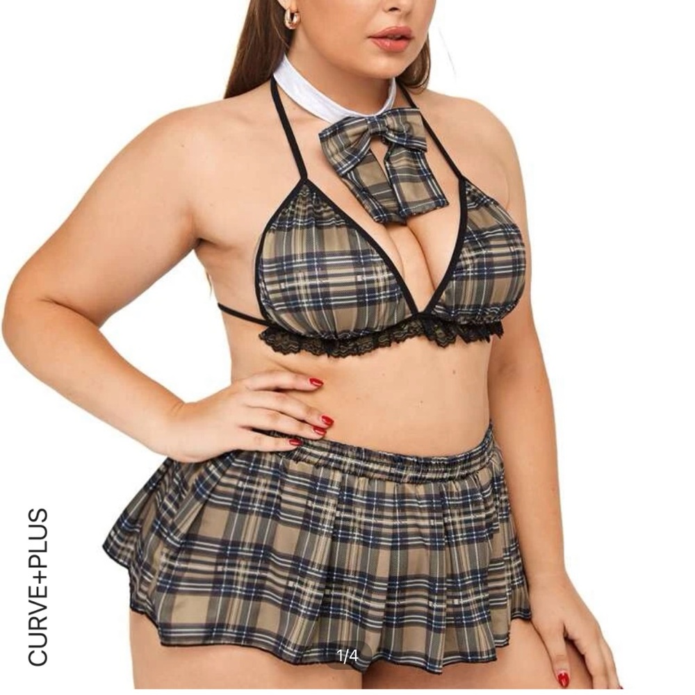 Khaki Schoolgirl cosplay Halloween lingerie skirt plaid 3pc set bikini kawaii